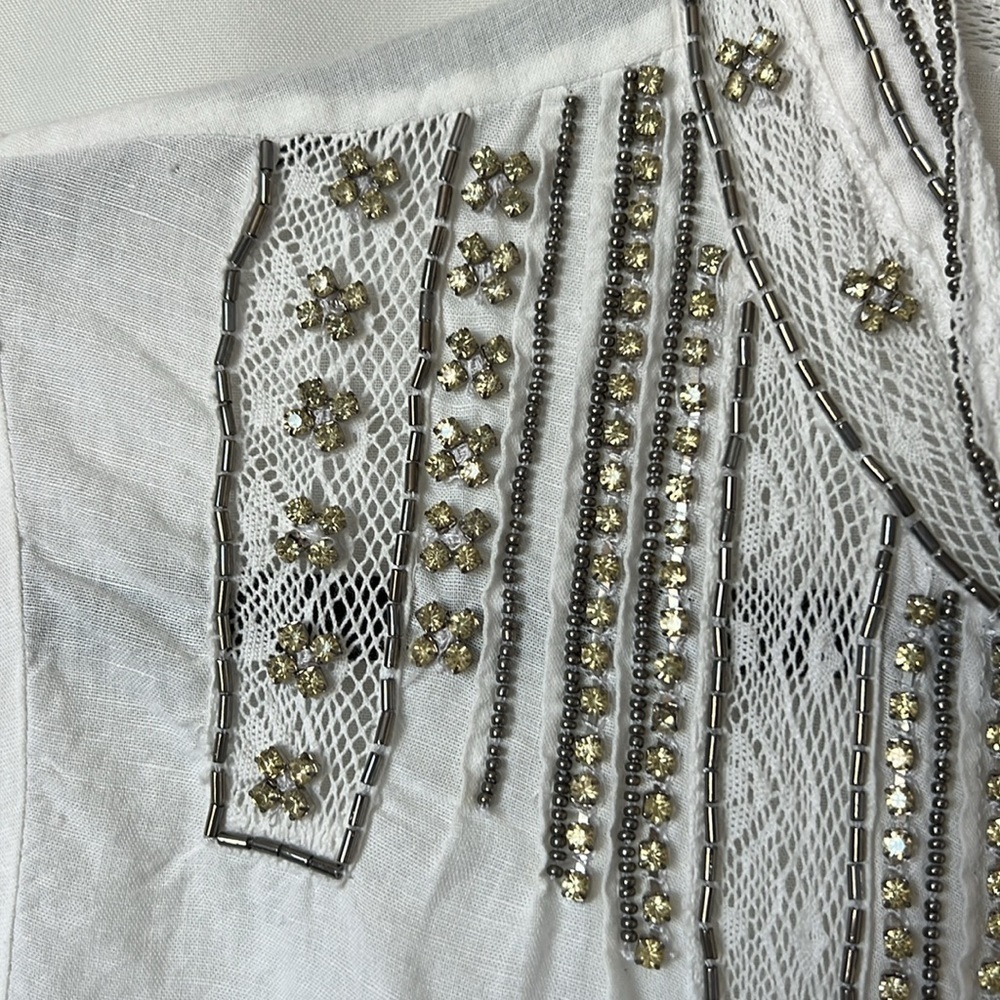 Floreat Anthropologie Rhinestone and Lace Button Down Linen Shirt - Picture 3 of 11